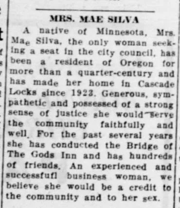 Newspaper clipping of Mrs. Mae Silva's election profile in the Bonneville Dam chronicle. Text is written out in the main blog content.
