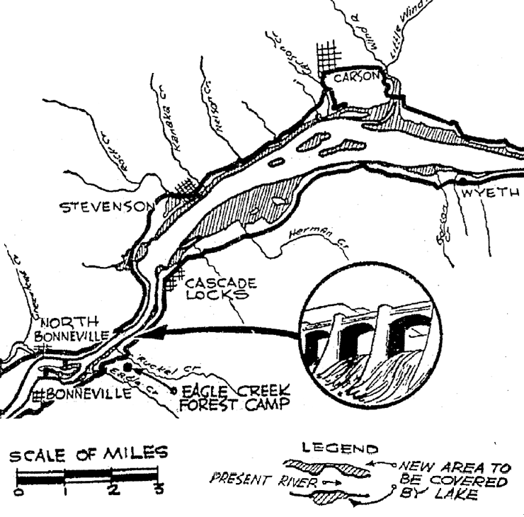 Black and white illustrated map of the Columbia River between Bonneville and Wyeth. The map shows shaded areas along the river of formerly dry land that would be flooded by the new dam. A drawing of the spillway is popped out in a circle.