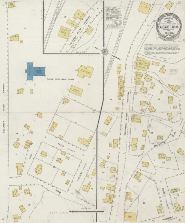 Sanborn fire insurance map of Cascade Locks, Oregon. Map is split down the center and follows the route of the Columbia River Highway instead of standard directions. Map shows building footprints, street names, and building materials from 1928.