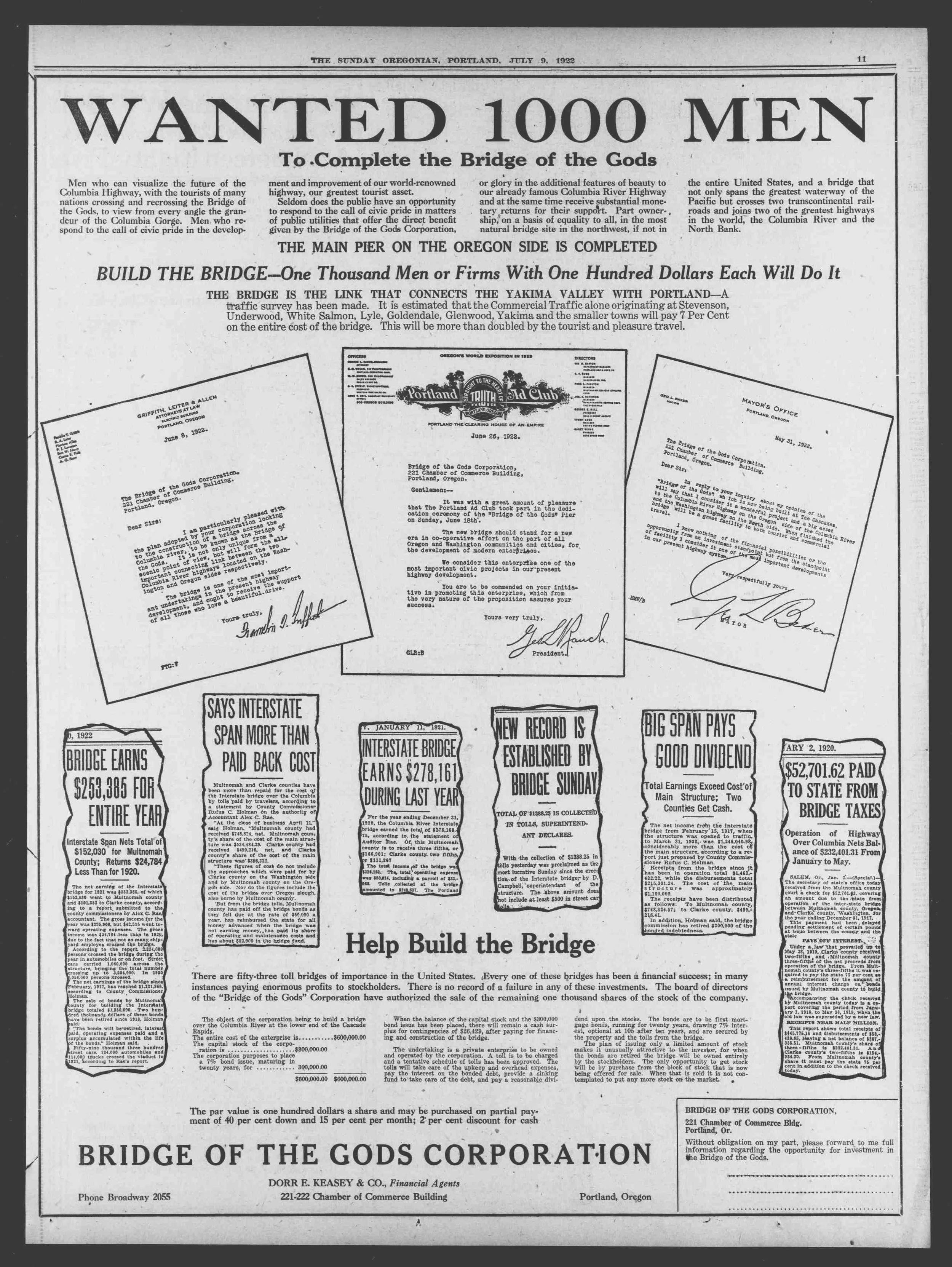 Full page newspaper advertisement for investors. Top line reads "Wanted 1000 men to complete the bridge of the gods" with letters of support and news clippings to support return on investment prospects.