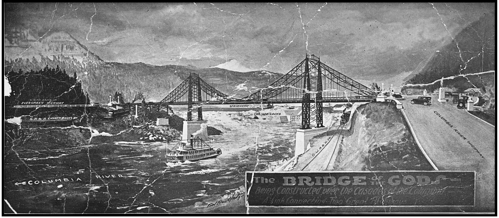 Artistic rendering of the Bridge of the Gods as a suspension bridge with boats on the river and cars on the highway