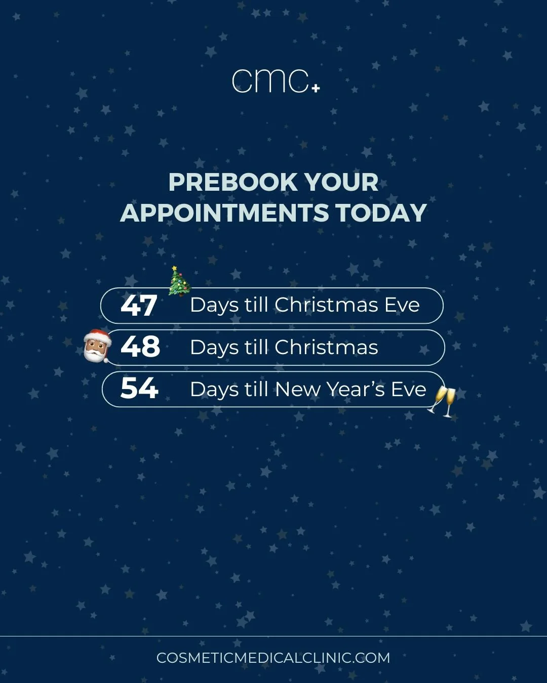 The clock is ticking! 🥂 The most social season of the year is almost here, and our books are filling up fast. Get your holiday appointments secured now so you can look and feel your absolute best!⁠
⁠
47 Days till Christmas Eve⁠
48 Days till Christma