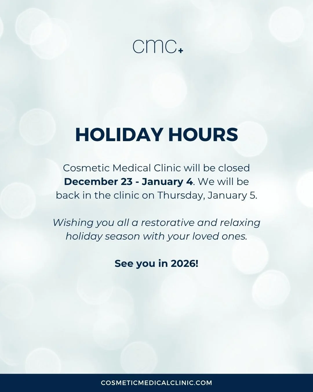 🌟 Holiday Hours Notice! 🌟⁠
⁠
Please note our clinic will be taking a short break to enjoy the festive season.⁠
⁠
We will be closed starting on Tuesday, December 23rd, and look forward to welcoming you back when we reopen in the new year on Monday, 