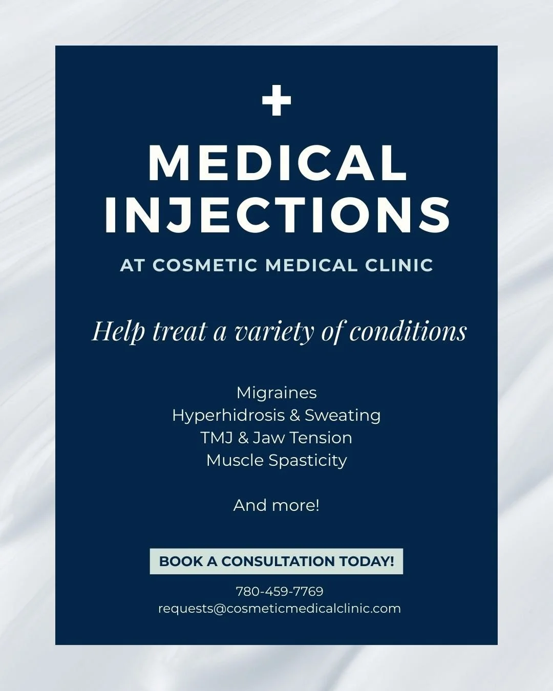 At CMC+, our expertise goes beyond the surface. We provide specialized medical-grade injections to treat a variety of therapeutic conditions, helping you function at your best.⁠
⁠
Migraine Relief⁠
TMJ &amp; Masseter Tension⁠
Hyperhidrosis Solutions⁠
