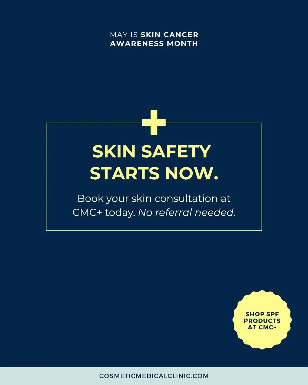 May is Skin Cancer Awareness Month. ⁠
⁠
At CMC+, we&rsquo;re dedicated to your skin&rsquo;s health, from the inside out. This month, we&rsquo;re encouraging everyone to:⁠
⁠
✨ Check your skin for changes.⁠
✨ Protect yourself with broad-spectrum SPF.⁠
