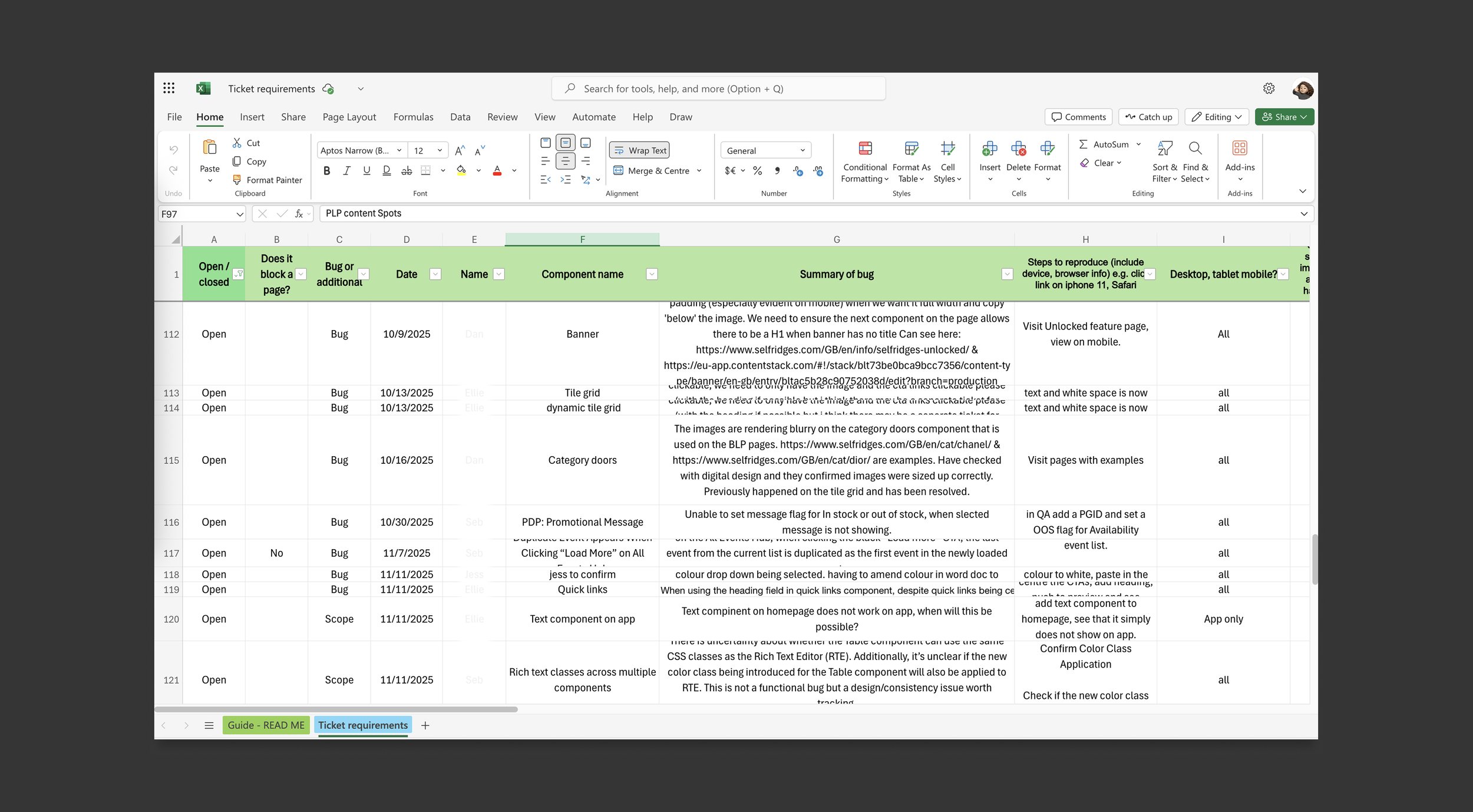 Logging bugs in shared Excel
