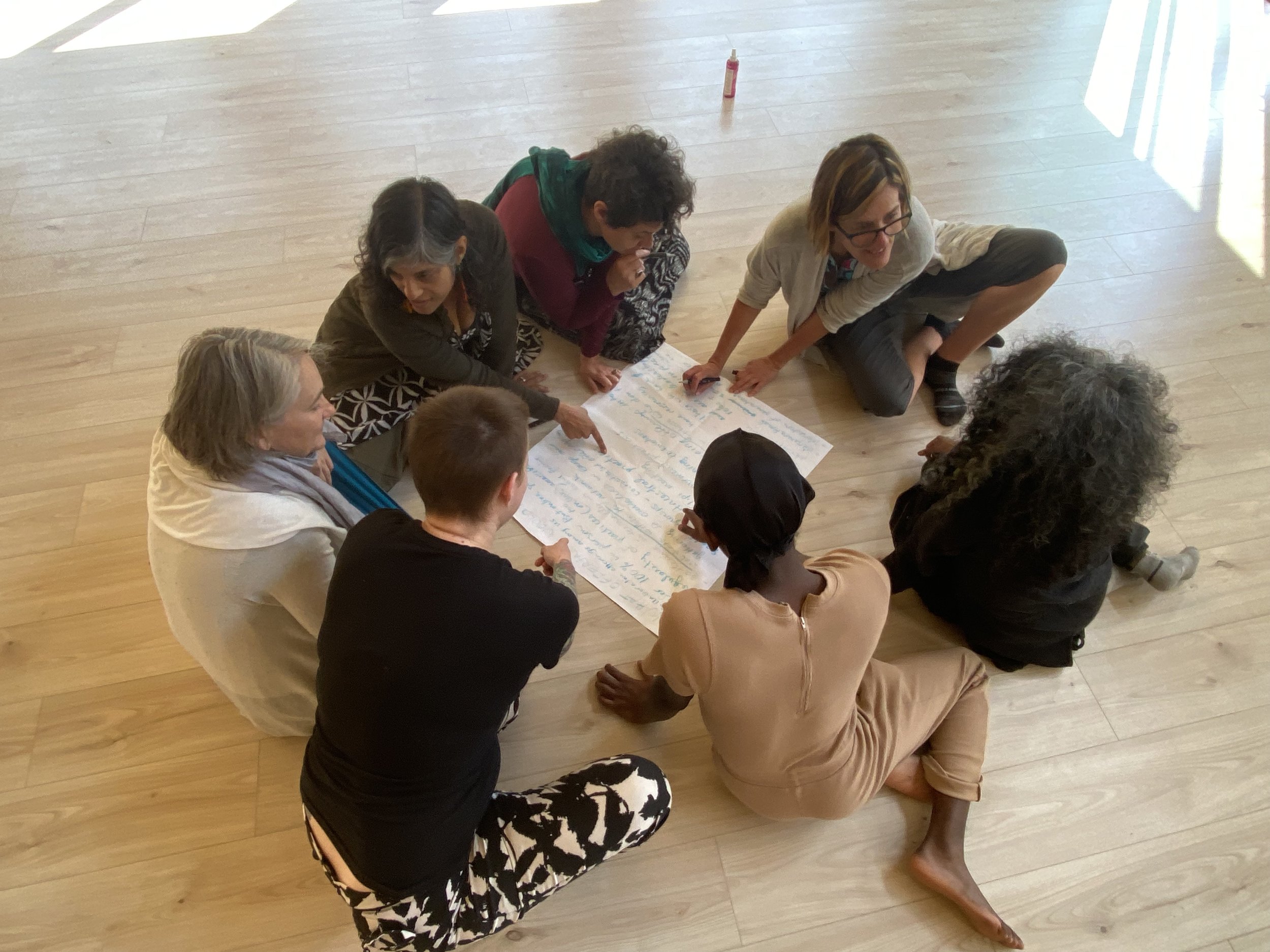Group of adults sitting on a wooden floor and collaborating around a large handwritten poster.