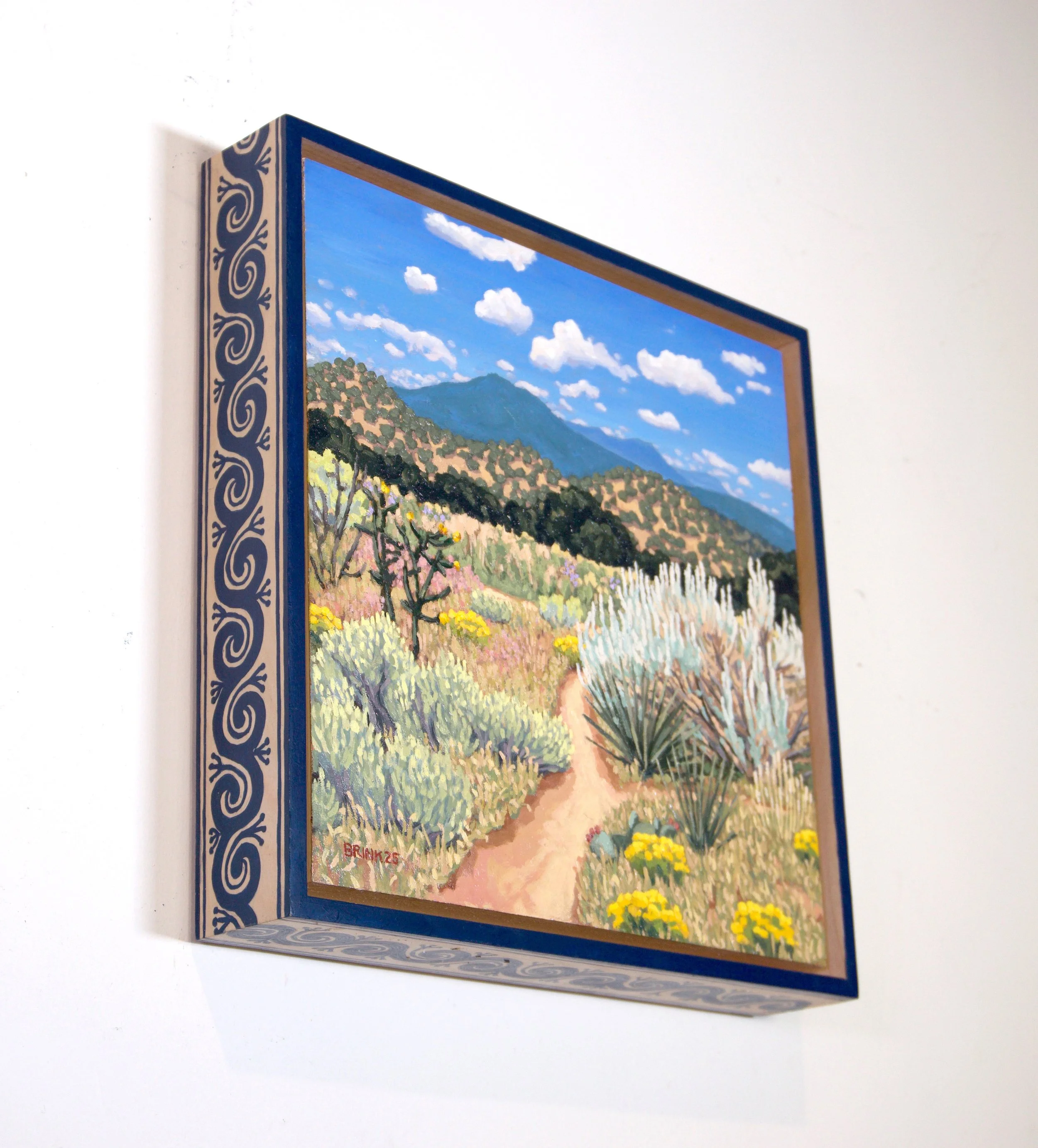 sunlit hills 2. oil/wood panel/hand painted wood frame. 11x11x2 in. 2025. $576.84