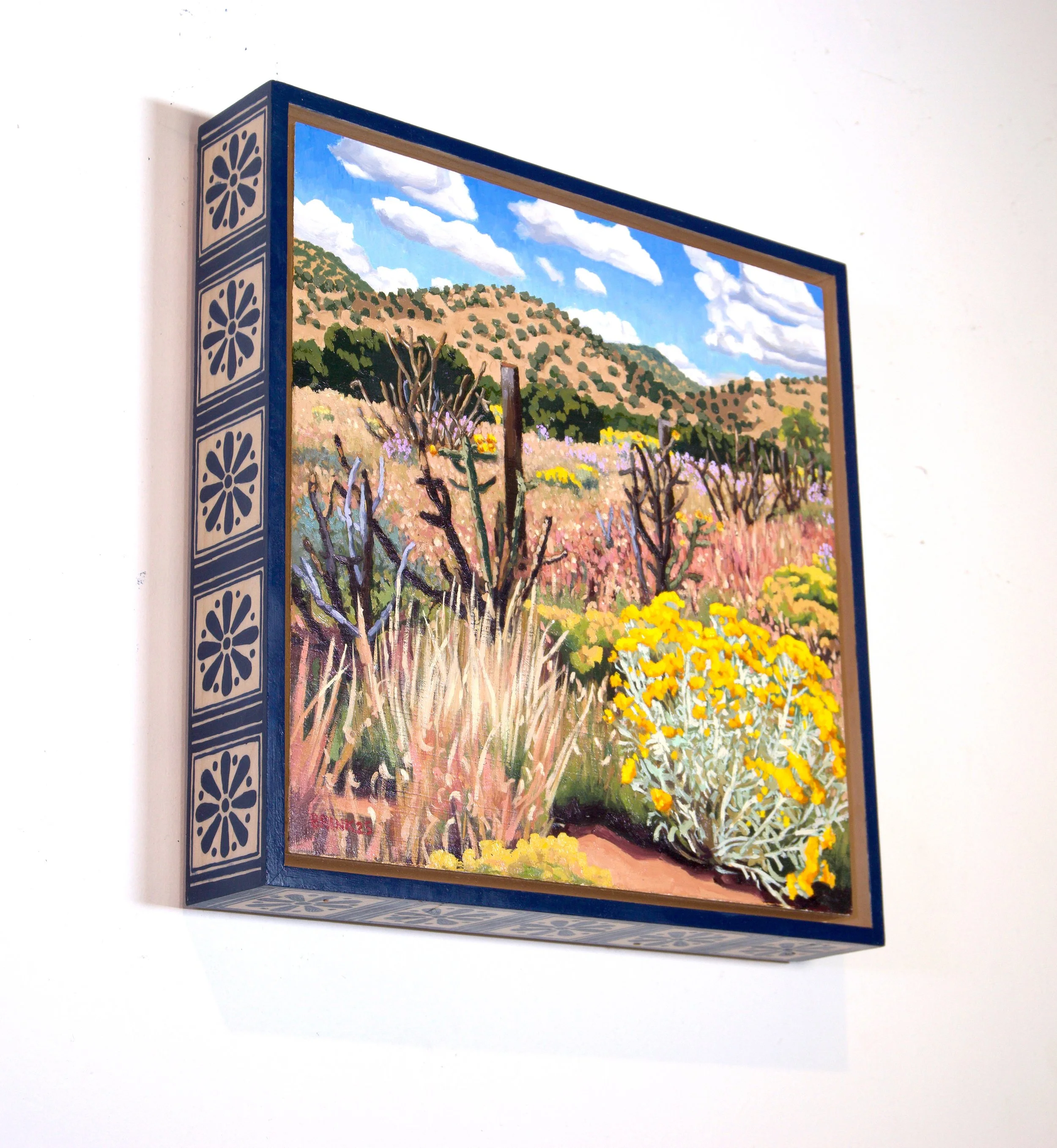 sunlit hills 3. oil/wood panel/hand painted wood frame. 11x11x2 in. 2025. (SOLD)