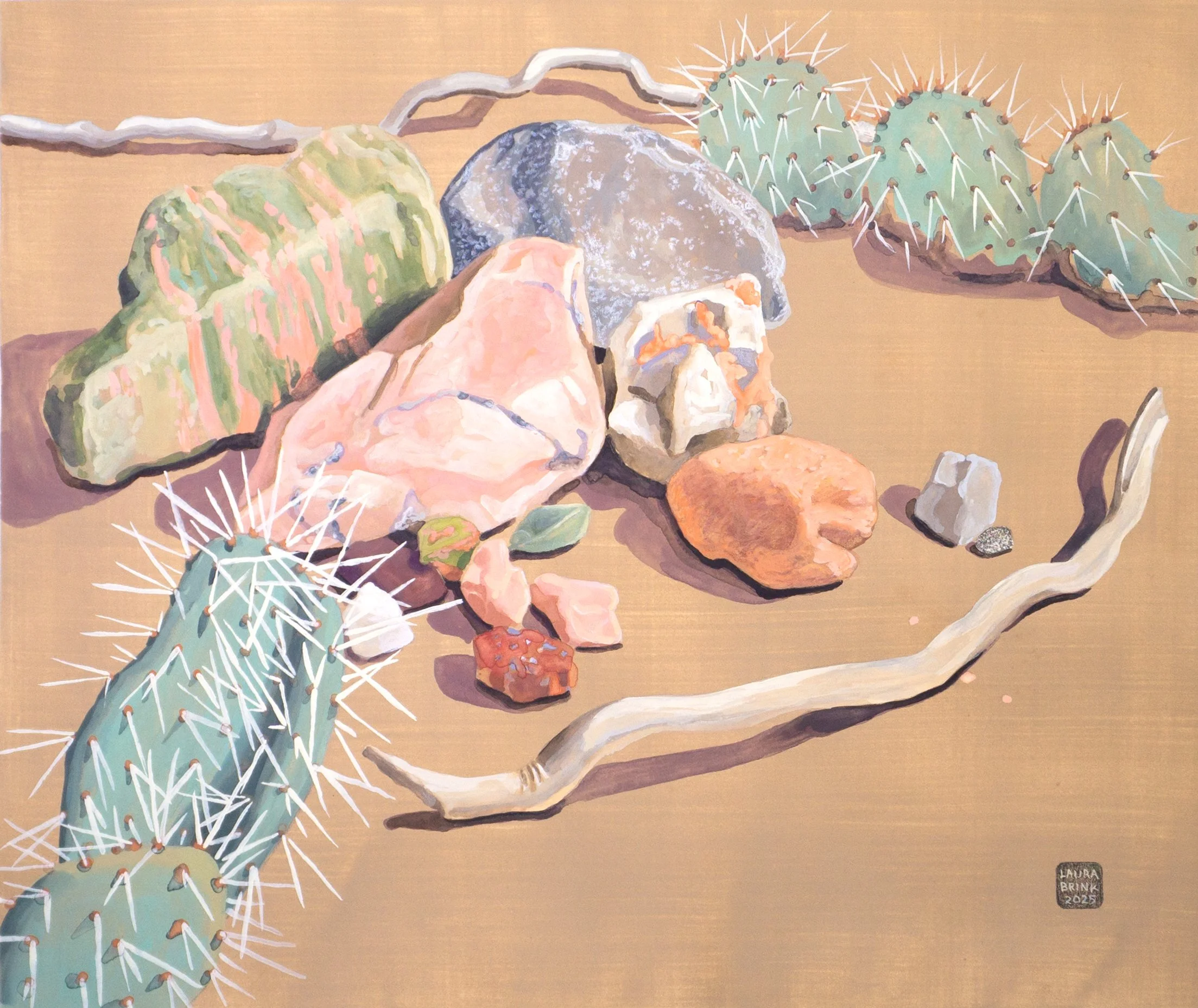 "two cactus, big pink rock, two dry roots"  12.5x14.75  gouache/pastel/pencil on paper  2025