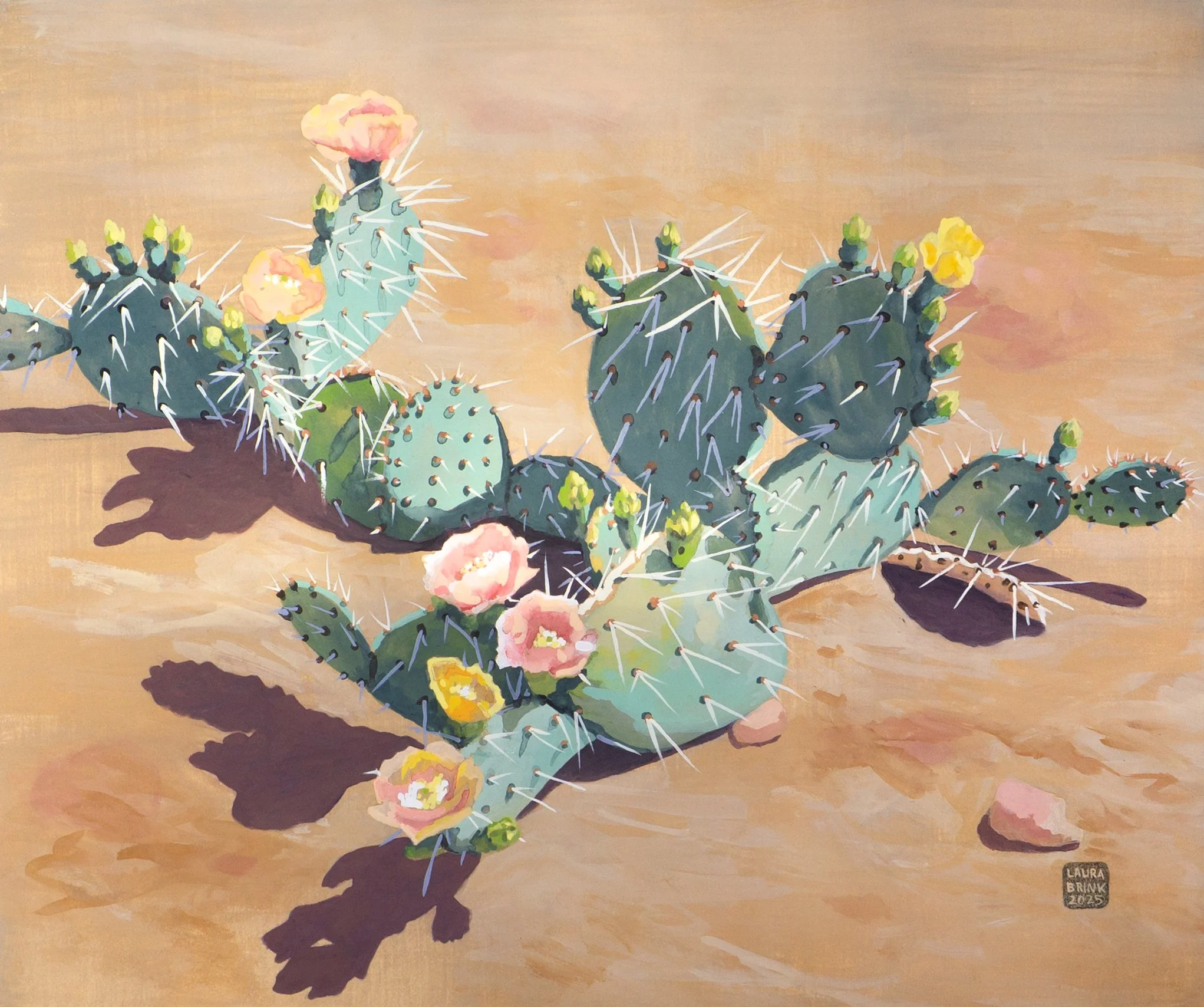 "a prickly pear cactus, seven flowers, many buds"  12.5x14.75  gouache on paper  2025