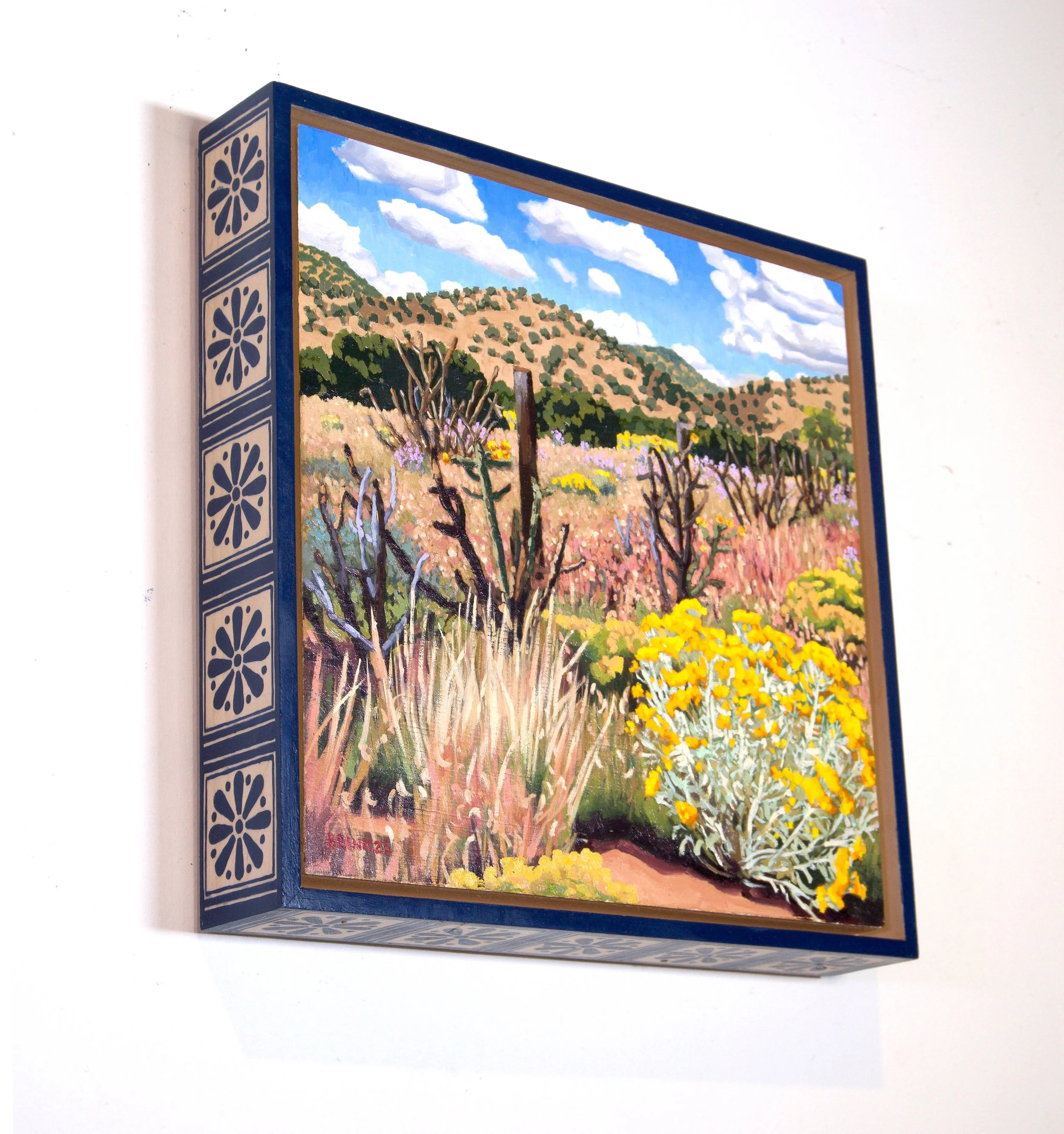 sunlit hills 3. oil/wood panel/hand painted wood frame. 11x11x2 in. 2025. (SOLD)