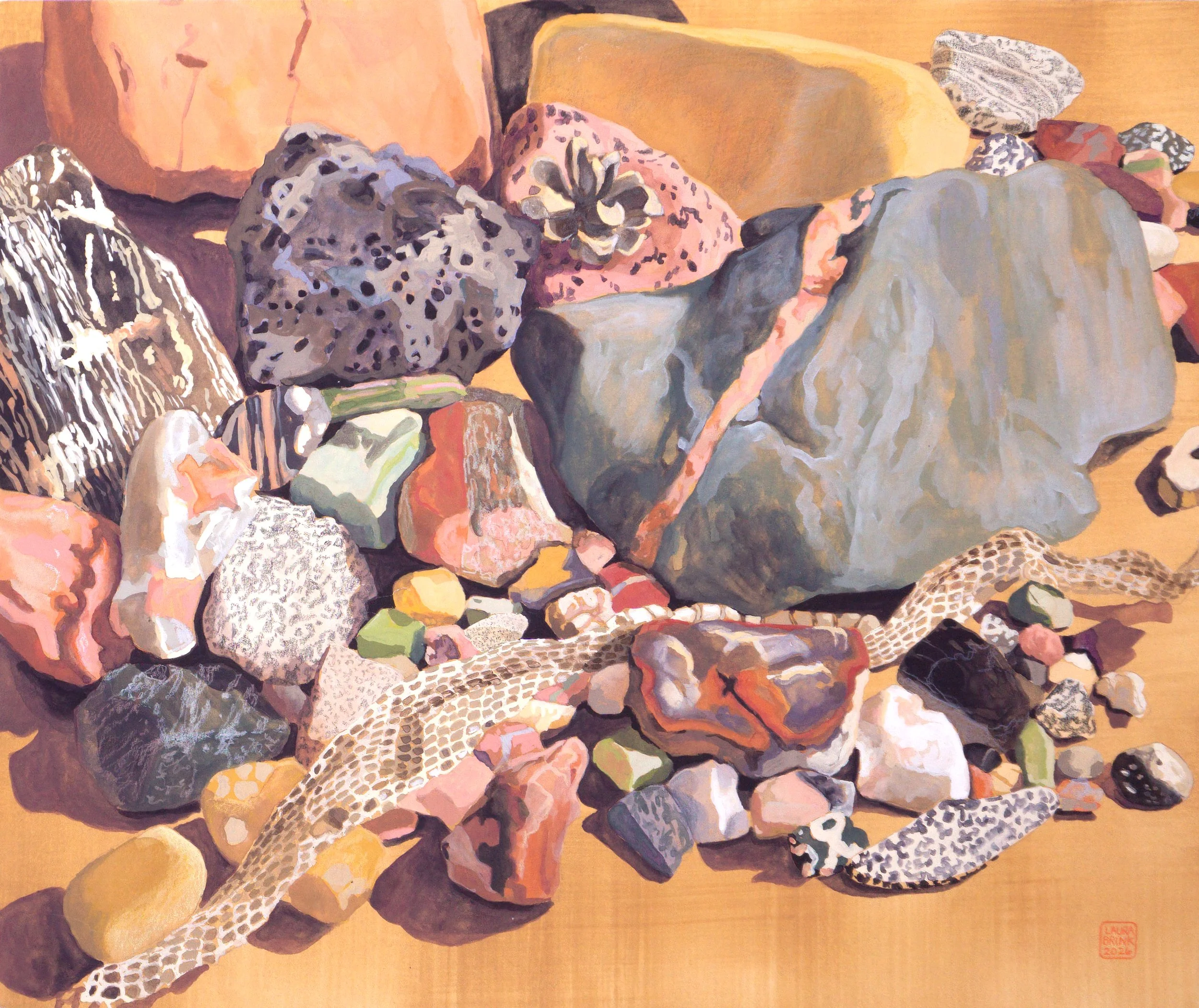 "a big lucky rock, snake skin, a piñon cone"   12.5x14.75   gouache/colored pencil/pastel on paper    2026