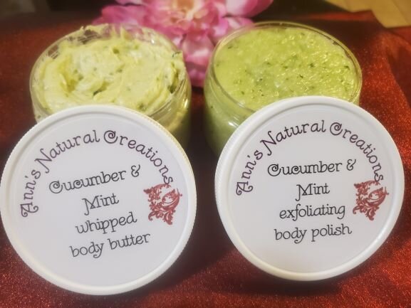 Cucumber and Mint whipped body butter and exfoliating body polish set 8 oz (two-4oz jars) 