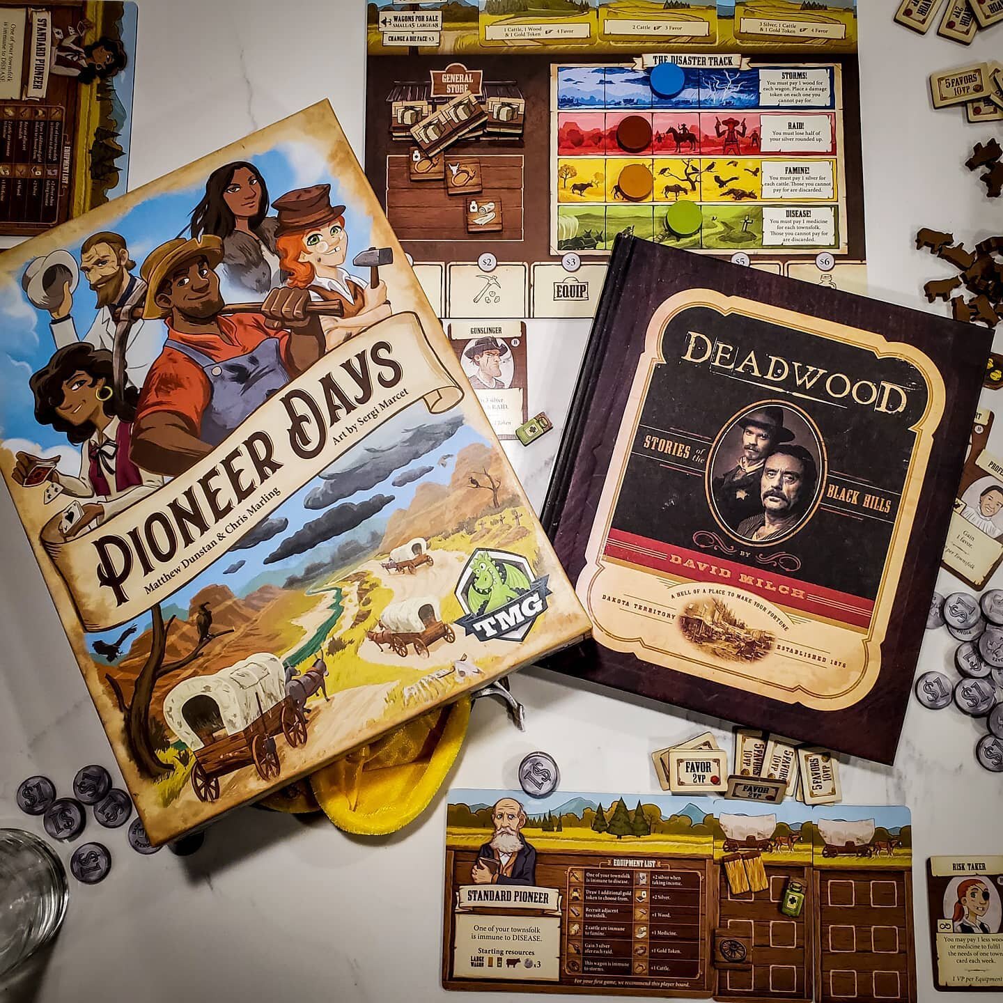 Last week we played Pioneer Days. It was a fun game that we all enjoyed. Jordan figured out a very overpowered mechanic early on and wiped the floor with us. I paired it with a companion book from one of my all time favorite TV series, Deadwood. The 
