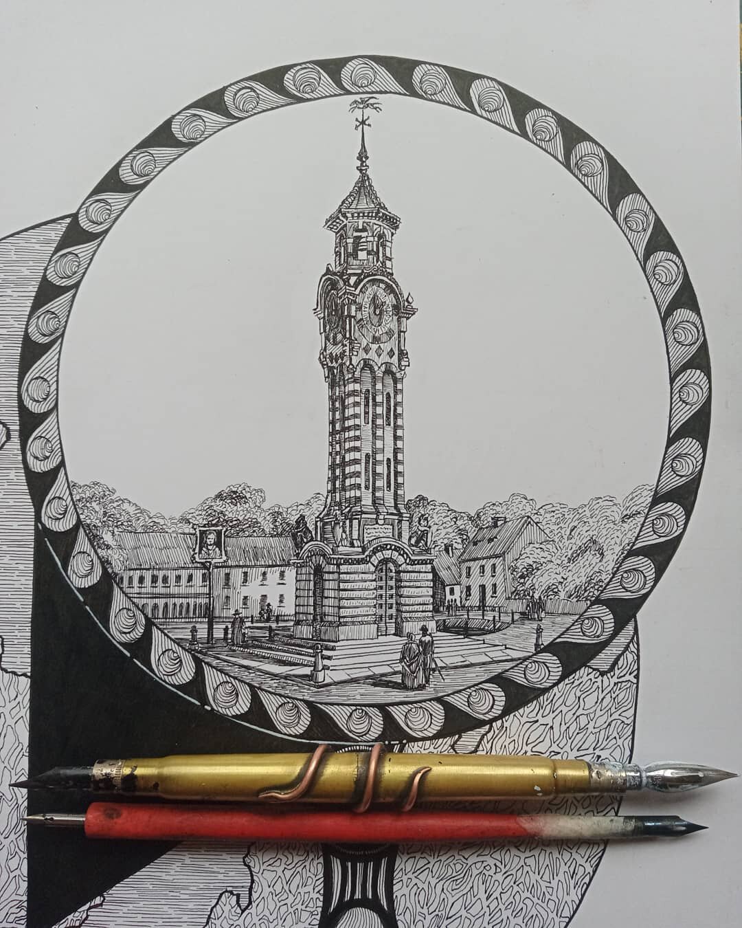 Illustration commissioned by @yesyaz_  pic 3of4 ✨✨✨🐍✨✨✨🌞 #illustration #drawing #dippen #ink #victorian #epsom #clock #clocktower #map #design #vintage #monotone #blackandwhite #bristolboard #indianink #bradrobertbenford #the_serpent_pen