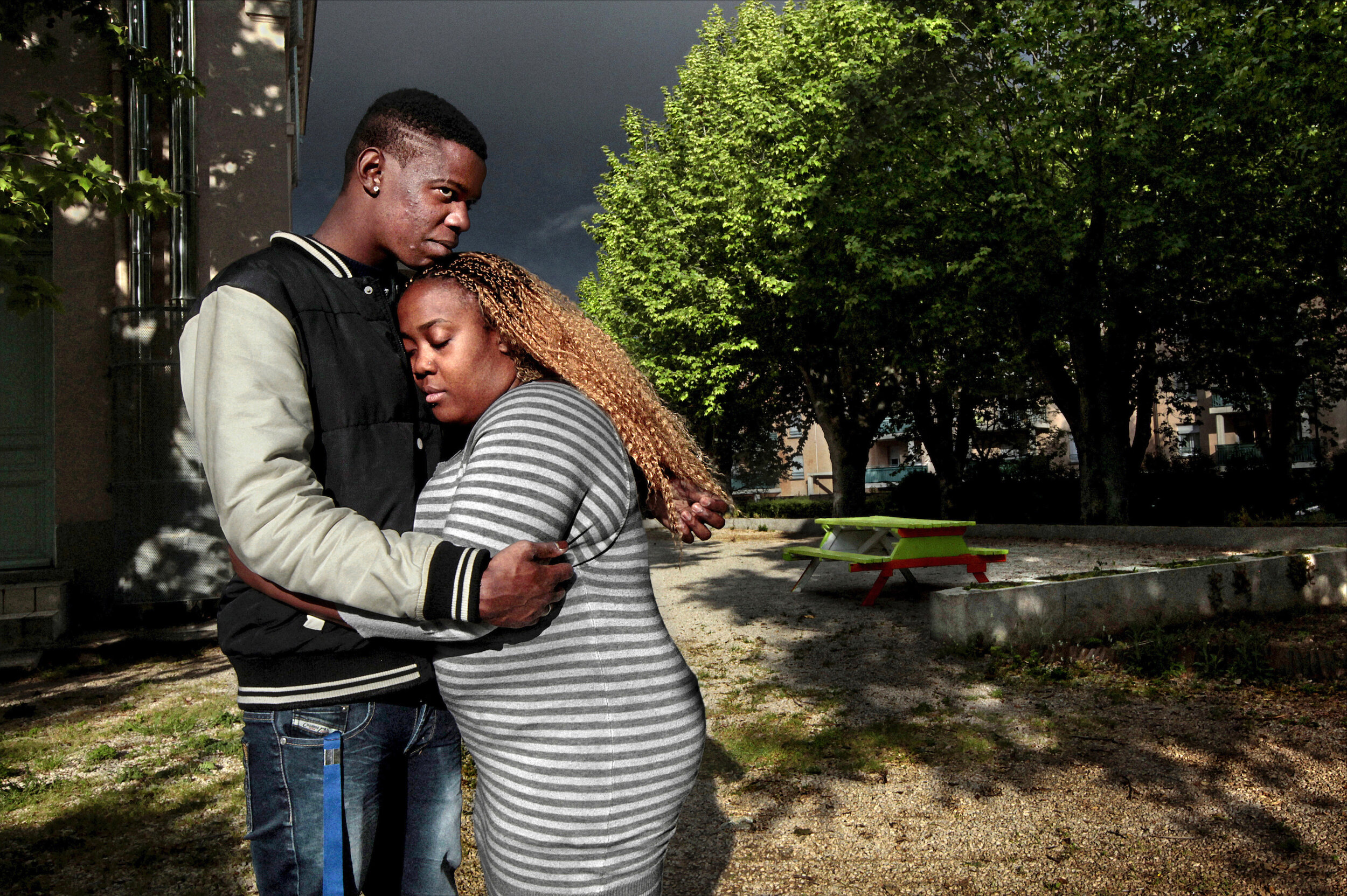   France. Marseille. 2014. Malika Ibrahima with her boyfriend, Mathieu Cocly, at La Roseraie, an emergency shelter home for unemployed homeless young people.        