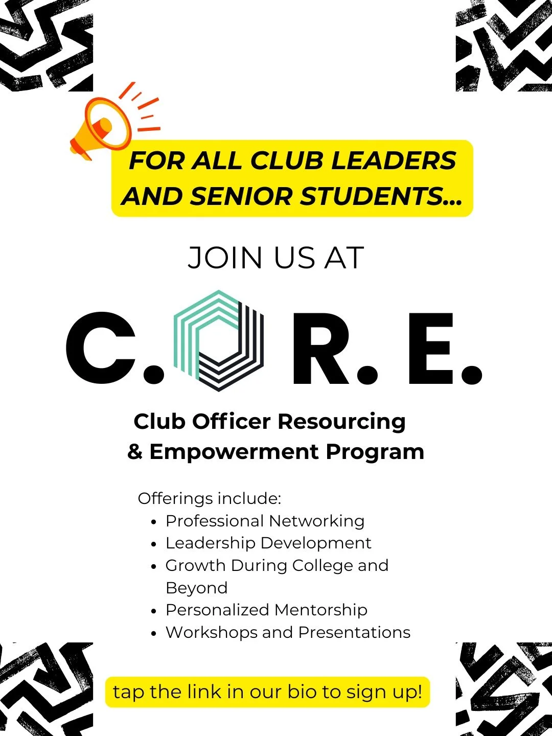 🚀 Calling all club officers &amp; seniors!
Leading isn&rsquo;t always easy &mdash; but you don&rsquo;t have to do it alone.

That&rsquo;s why we created C.O.R.E. (Club Officer Resource &amp; Empowerment Program) ✨
We&rsquo;re here to help you plan, 