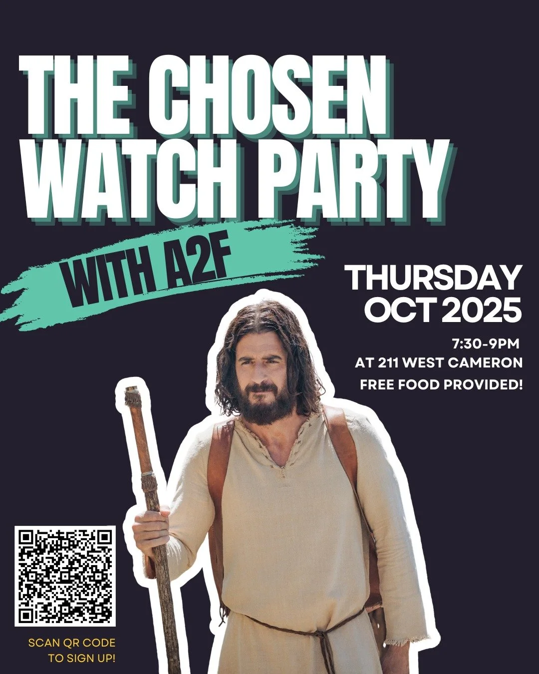 For the month of October, we've been putting on a Chosen watch party!

Whether you've seen it already, or are a first-time watcher - join us for yummy snacks and discussion 😋

Every Thursday - at 7:30P, 211 West Cameron Ave!