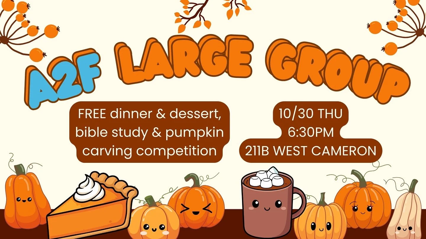 This Thursday! 

We&rsquo;re having large group Bible study with dinner before and pumpkin carving after - all are invited!

Come join us at 6:30P, 211 West Cameron Ave 🎃