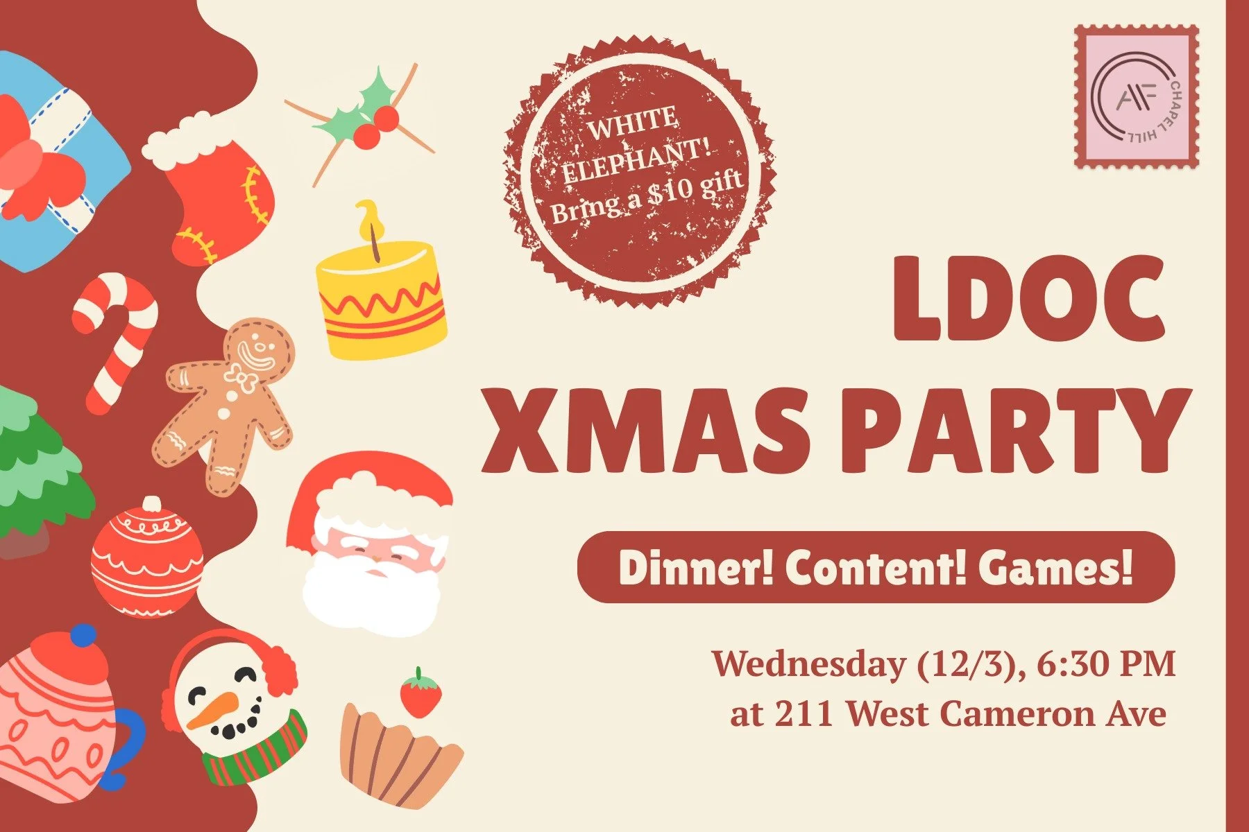 Our LDOC Xmas Party is this Wednesday - we'll have Swedish meatballs, white elephant (bring a $10 gift!), and fun games! 🎁

Wednesday, at 6:30P - 211 West Cameron!