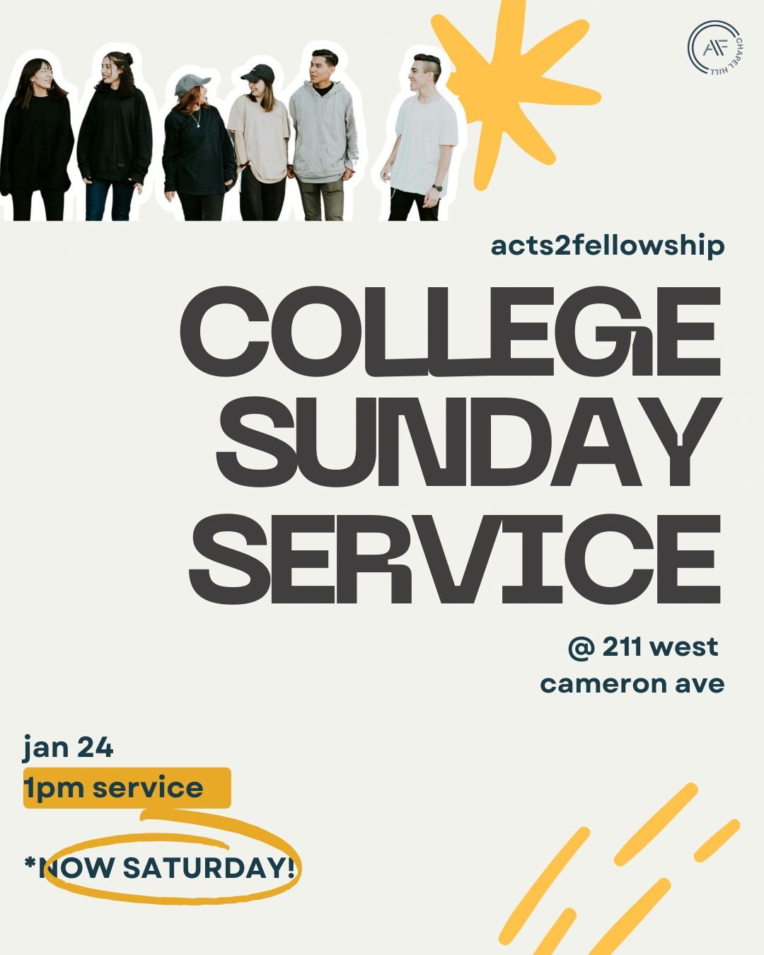 **UPDATED SERVICE INFO!**

To prioritize safety from the weather, we'll now be having church service Saturday (tomorrow) instead!

Join us if you're able - 1P @ 211 West Cam! 

We'll also be recording and posting the service online for those who will