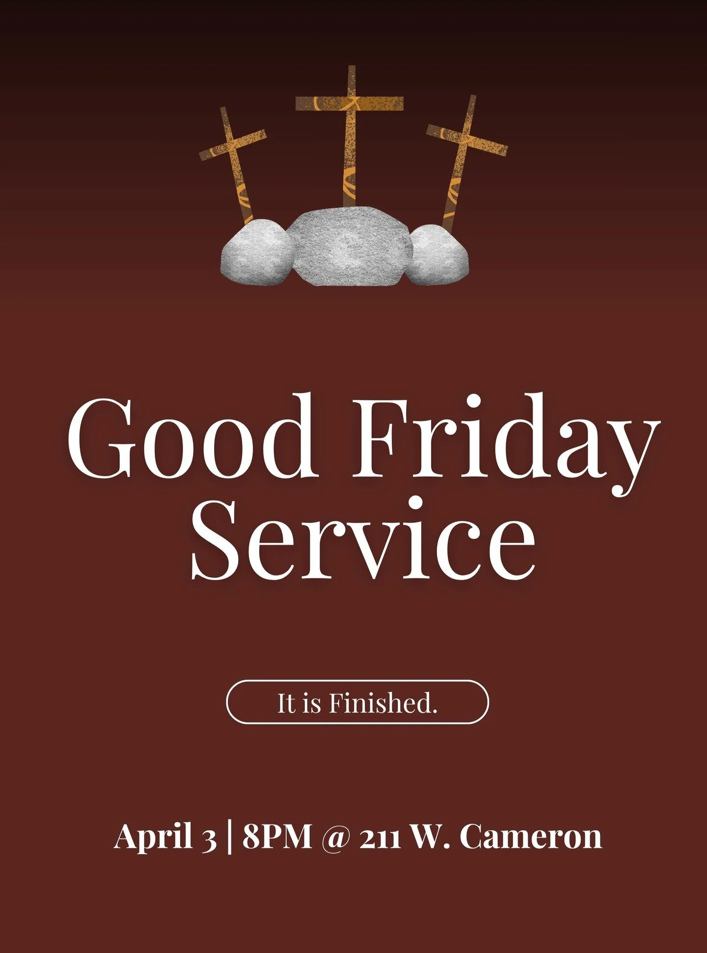 Join us for our Good Friday Service this Friday, April 3 at 8PM @ 211B W Cameron Ave

Then celebrate Easter with us on Sunday, April 5 at 11AM @ Alston Ridge!