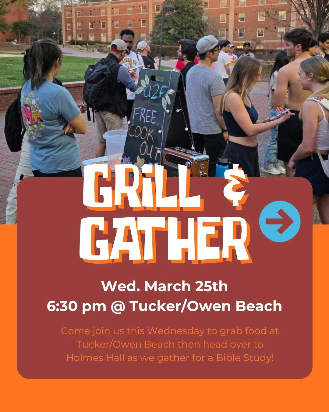 We're running it back!😋🍔

Come join us this Wednesday to grab food at Tucker/Owen Beach then head over to Holmes Hall as we gather for a Bible Study!

Also, save the date for more Grill Chats coming your way! ☀️🌭😋😎