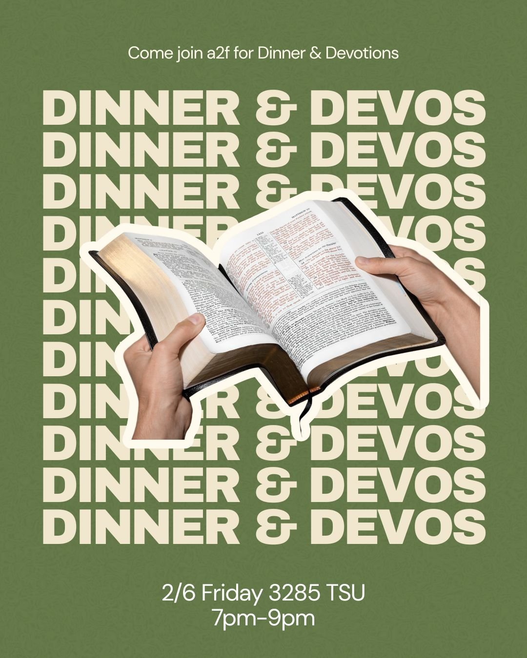 Cold weather got you down?❄️ Come warm up with over yummy Dinner and Devotions. ✝️🍲😋 

Tomorrow @7pm at 3285 TSU!