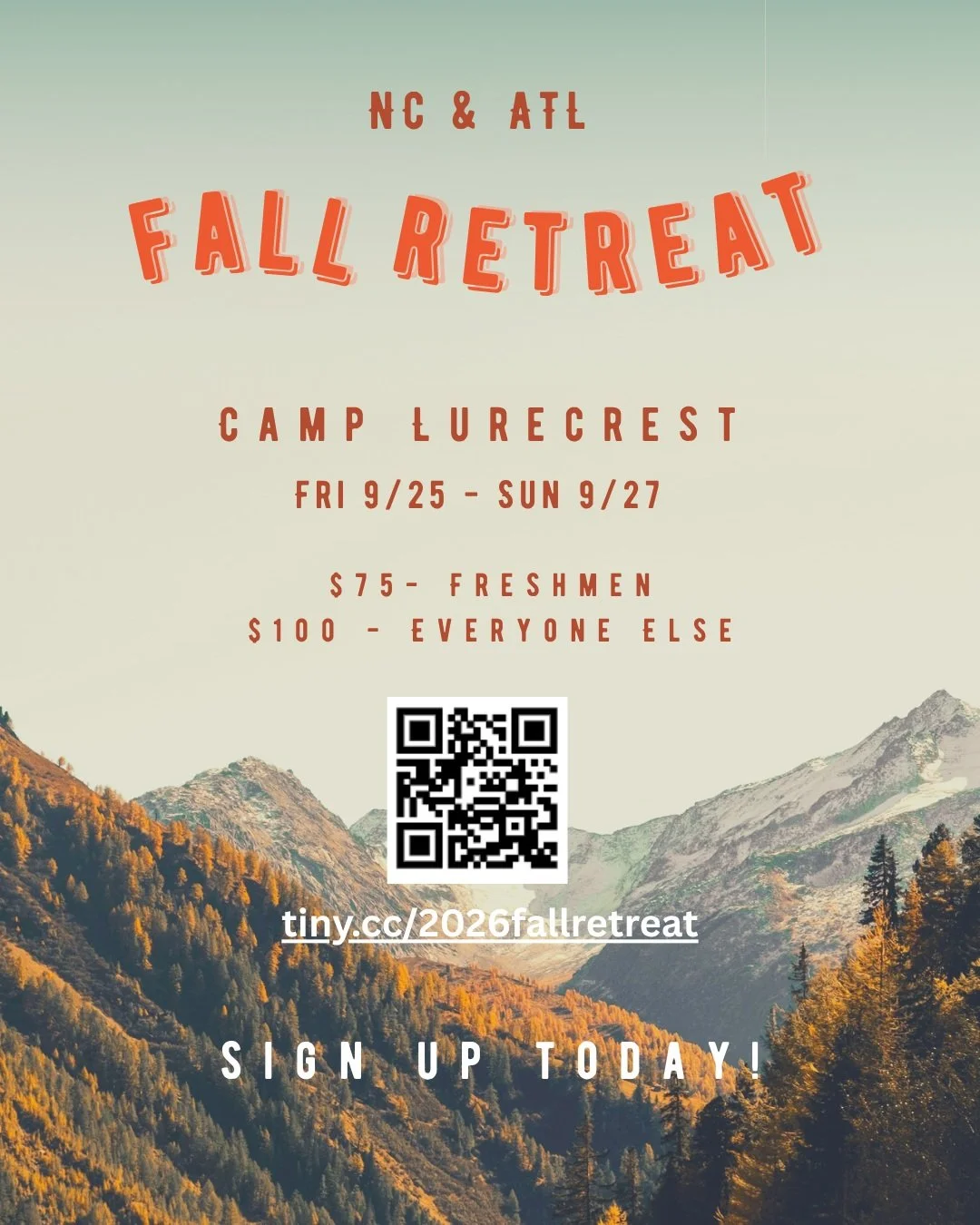 Fall Retreat 2026 is around the corner! 

One weekend in Asheville, NC hearing from God's word and connecting with students from NC and Atlanta schools. Are you ready?

Sign up at the linktree in our bio!