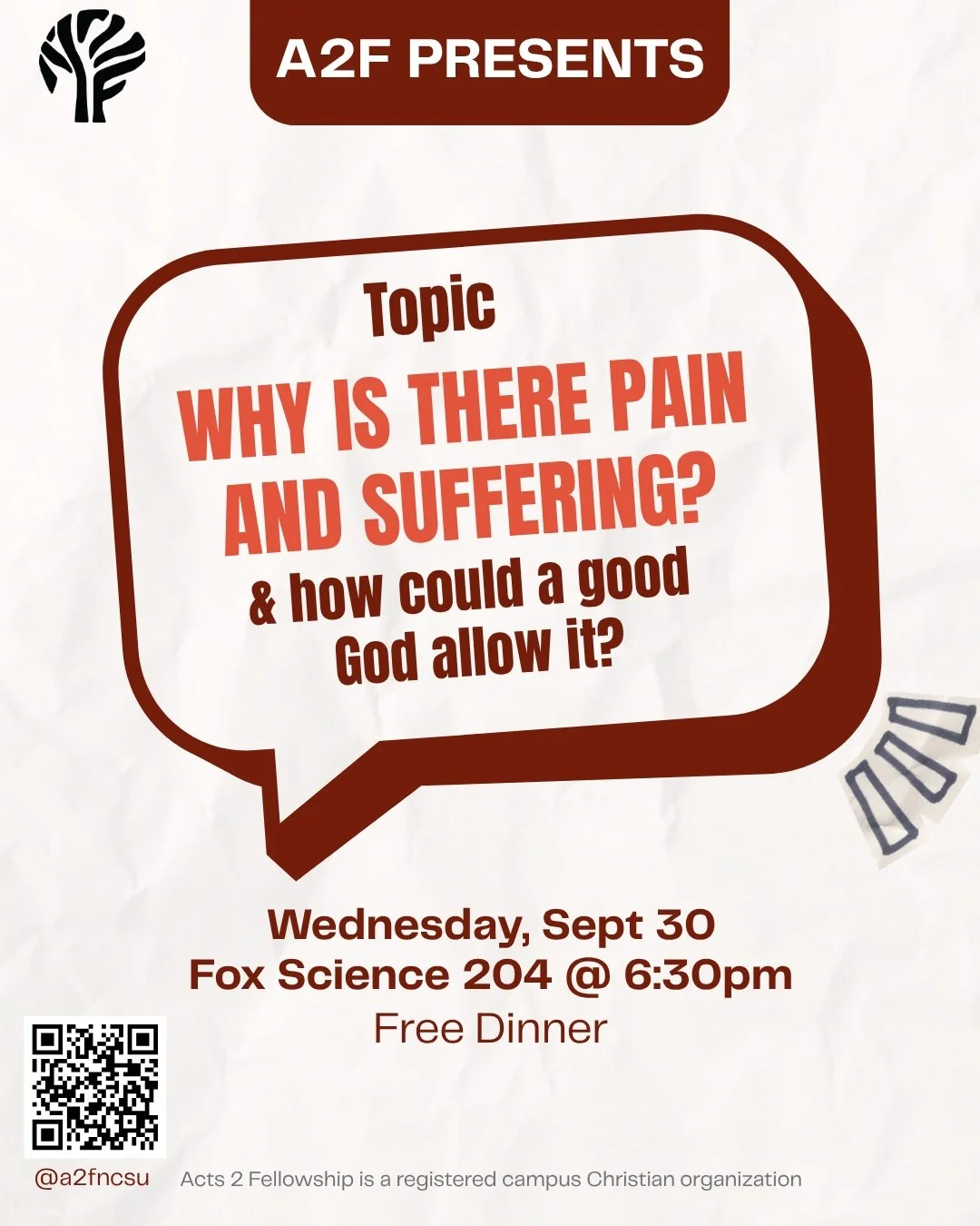 Come &amp; find out the answer to one of the most asked questions about God and Christianity! 🍕 at 6:30 in front of Fox Science Labs!