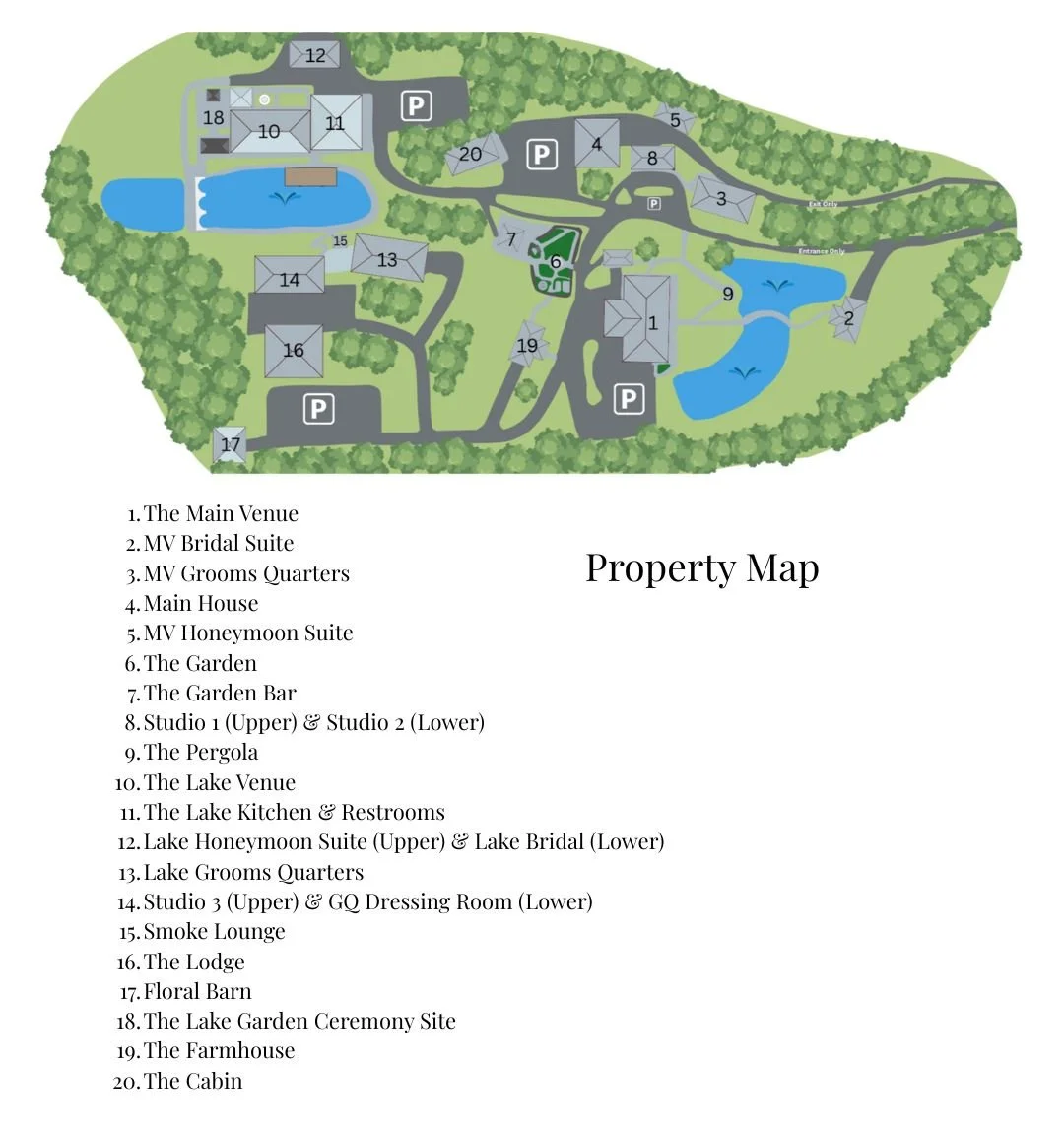 A detailed property map showing various buildings, lakes, and areas with labeled numbers corresponds to a list, including main venue, bridal suite, grooms quarters, main house, honeymoon suite, garden, garden bar, studios, pergola, lakes, lake kitchen, and other facilities.