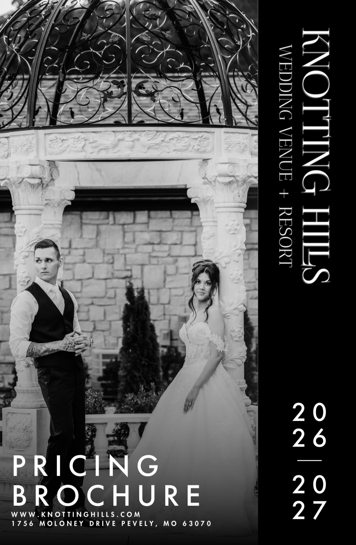 Black and white 2026 and 2027 wedding pricing brochure with a photo of a bride and groom standing under a gazebo.