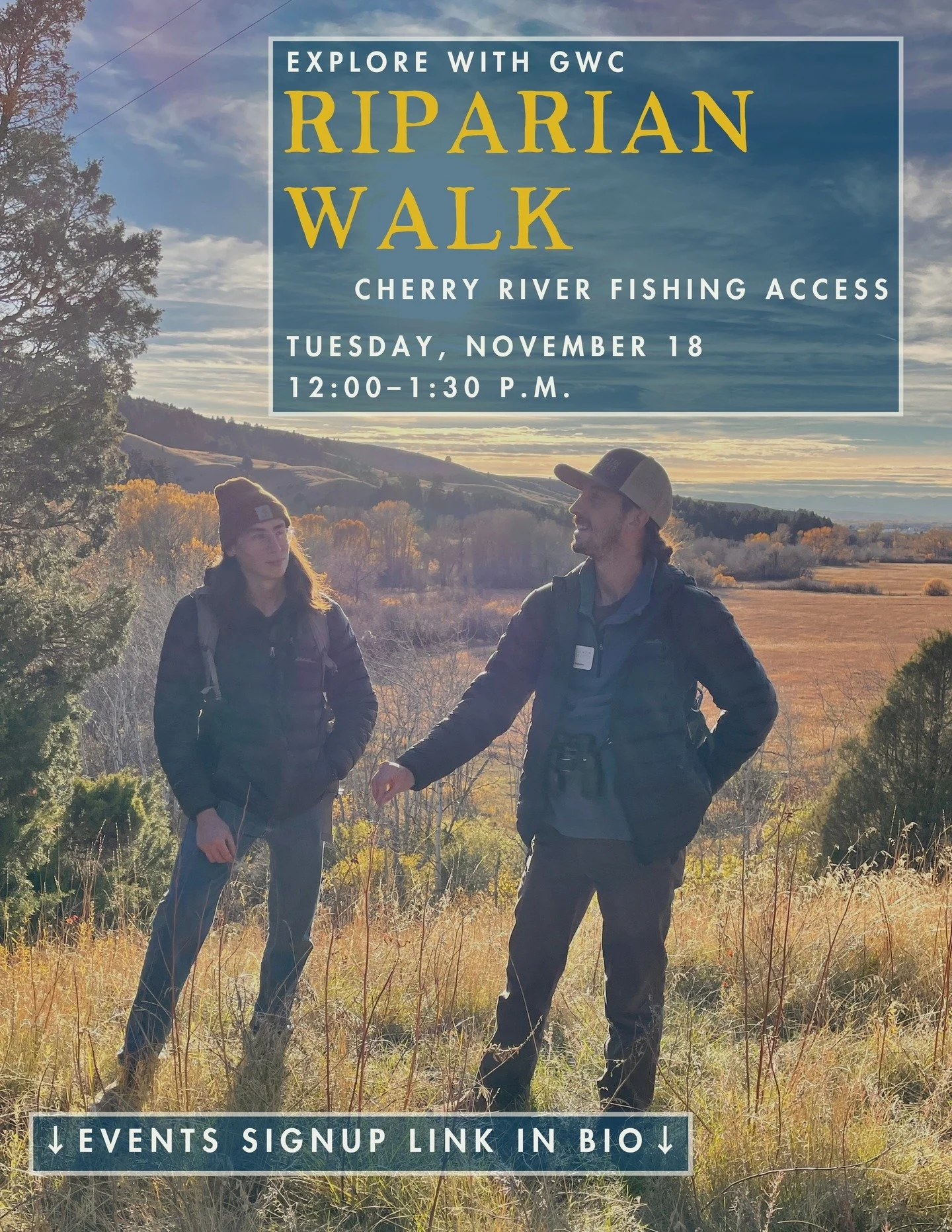 Walk with us at Cherry River Fishing Access!

Join GWC on Tuesday, November 18, from 12:00 to 1:30 p.m. for our next monthly Riparian Walk! If you have a long lunch or work from home, this is the walk for you! There's always something new to witness 