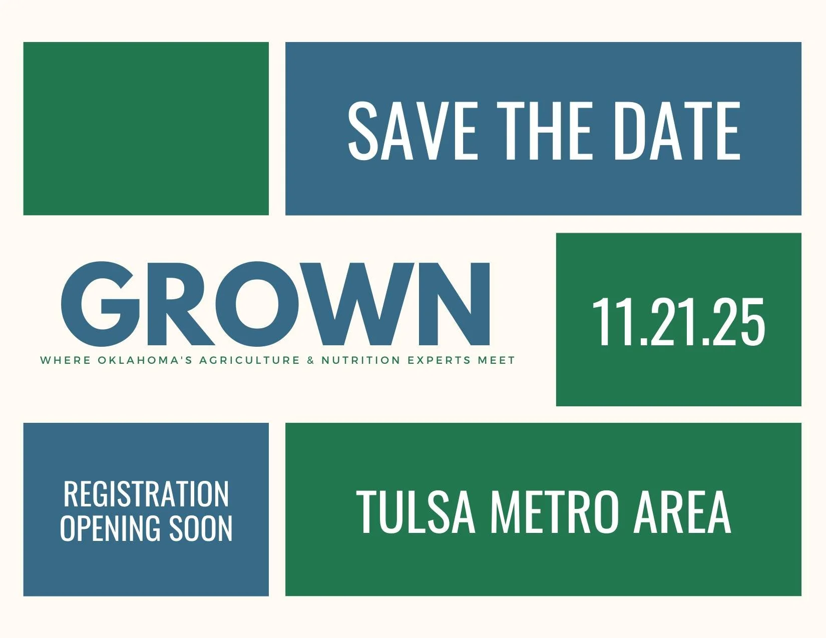 Fellow dietitians, nutrition professionals, and nutrition students, SAVE THE DATE for GROWN 2025! 

📅 November 21, 2025
📍 Tulsa Metro Area

GROWN, brought to you by Dirt Road Dietitian, is an immersive event will connect NE OK agriculture, to you, 