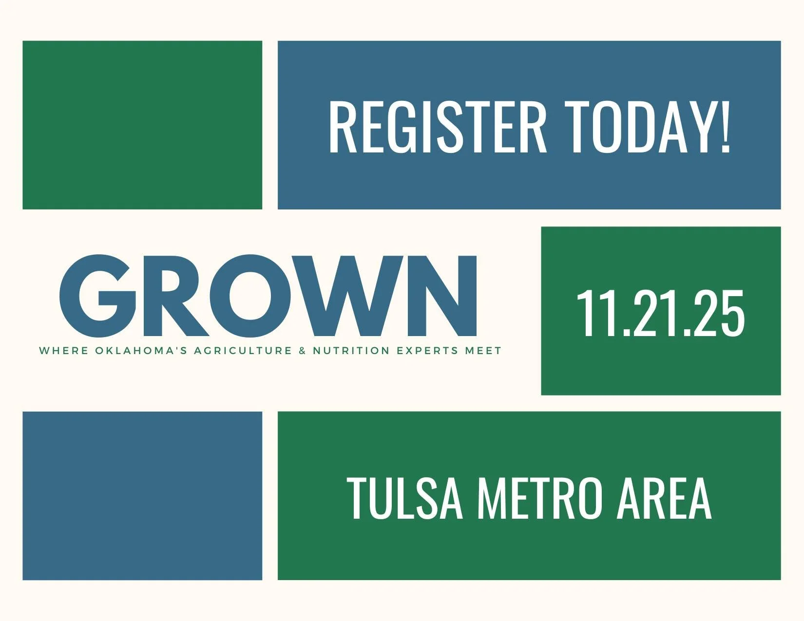 GROWN registration is LIVE! 

🥗 REGISTER HERE: https://eatrightoklahoma.org/event/grown-2025/

GROWN 2025 - Stepping Out of the Elements: Growing Food &amp; Giving Back

Join us as we celebrate cutting-edge agriculture, hands-on learning, and the po