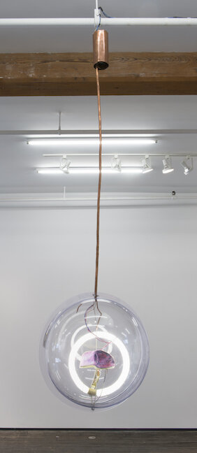  3.24.1997, Terracotta, copper, acrylic, paint, light, electrical wire, polycarbonate globe, Height 80 in, Diameter 22 in 