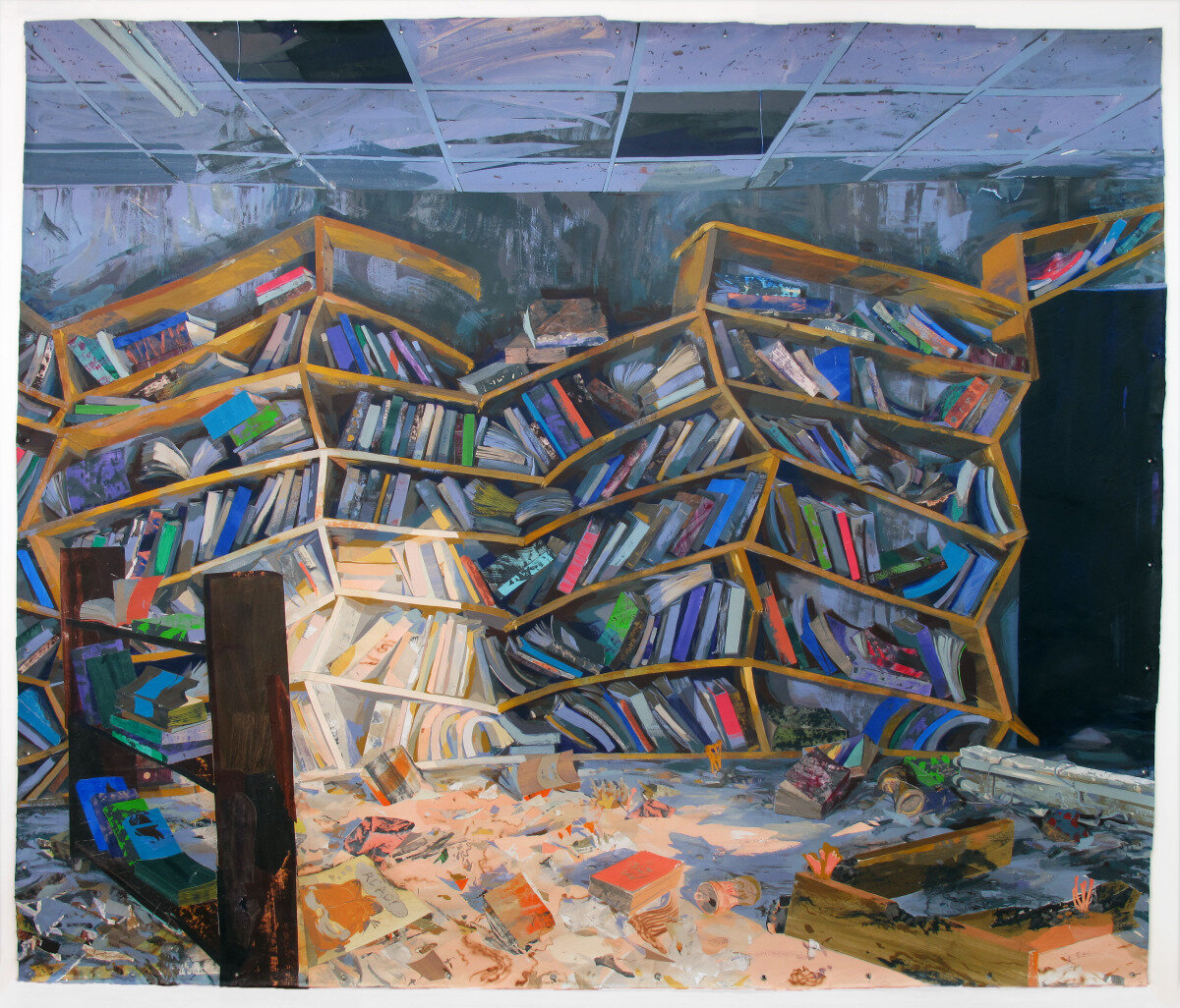  The Reading Room, 2014, Flashe, acrylic, collage on unstretched canvas, 9.5 x 11.5 ft (290 x 350 cm) 