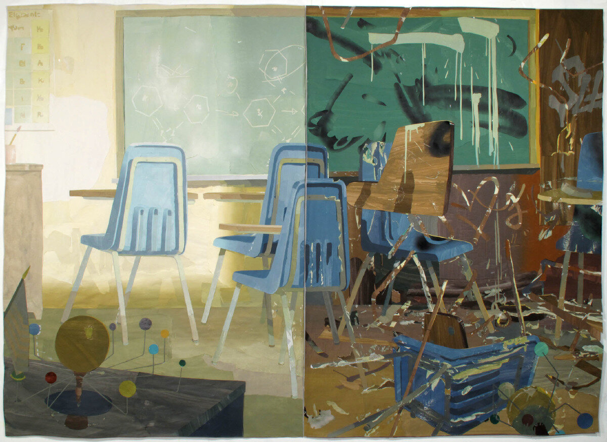   Grand Prairie School , 2011, flashe and acrylic on cut and pasted paper, 69 x 96 in, diptych (175 x 244 cm) - collection Musée des Beaux-arts de Dole 
