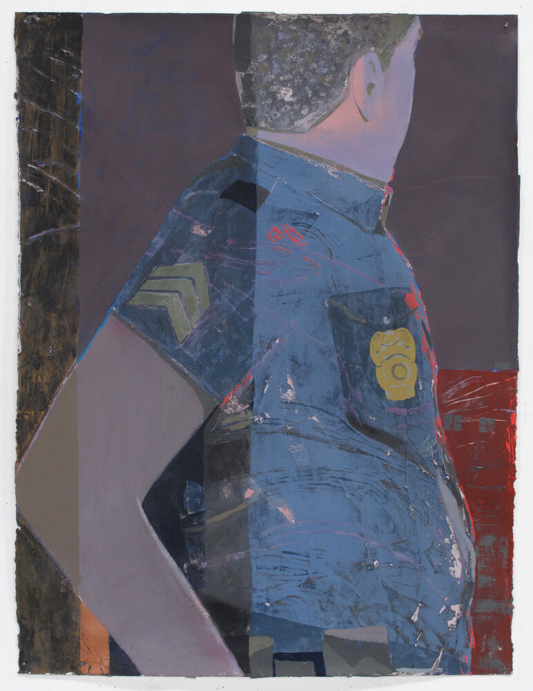  Matt Bollinger, Cops, 2015, Flashe, acrylic, collage on paper, 30 x 22 in 