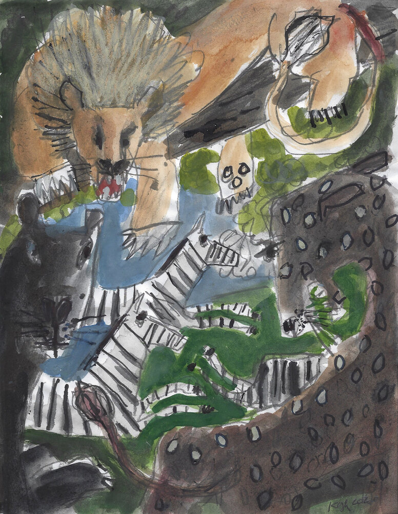   Zebra Pass 4 , 2020, watercolor, ink, pencil on paper, 11 x 8.5 in / 28 cm x 22 cm 