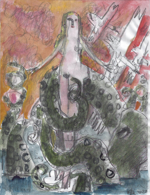   Venus and the Octopus 2 , 2020, watercolor, ink, pencil on paper, 11 x 8.5 in / 28 x 22 cm 