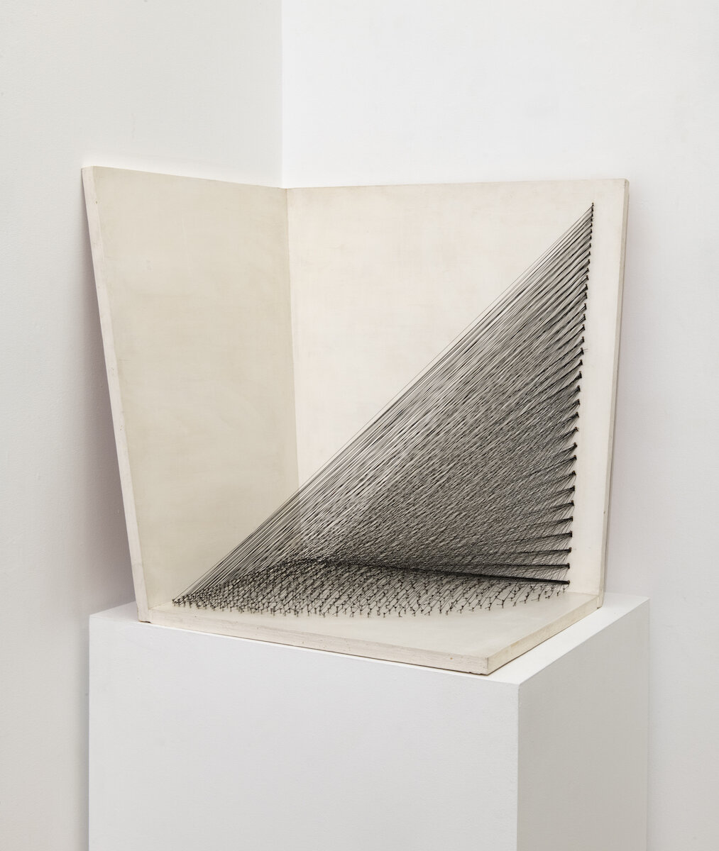   Model for Illusion of Trail Dinosaur , 1979, string and nails on painted wood, 23.875 x 23.875 x 20 in, Image courtesy of the Sol LeWitt Collection, Photo: Adam Reich 