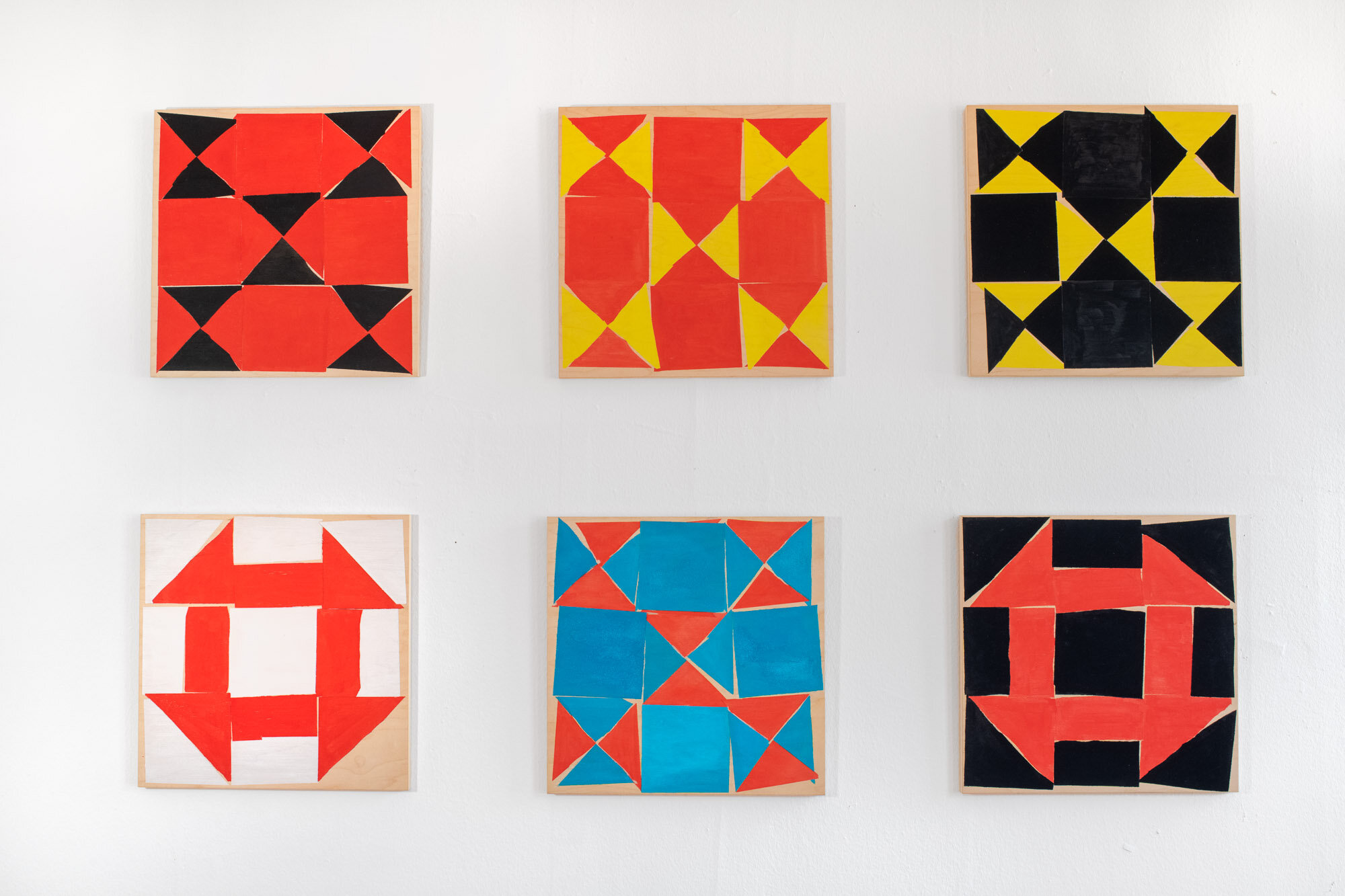  Brigitte Engler, Installation view:  objet mathématique (pédagogique) #18, #13, #5, #15, #7, and #9 , 2020 Gouache acrylique on birch plywood  12 x 12 in / 30.5 x 30.5 cm each  