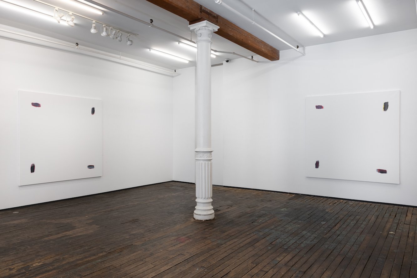 Installation view of Alix Le Méléder,  Paintings 1998-2011  at Zürcher Gallery Left to right:  Untitled, April 18, 2011 ;  Untitled, March 28, 2011 ; oil on canvas, 78.75 x 78.75 in 