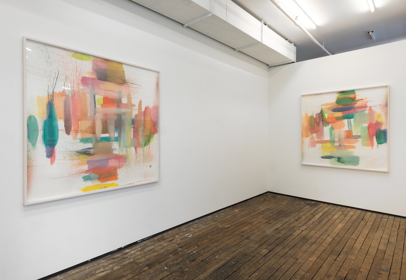  Installation view of Alix Le Méléder,  Paintings 1998-2011  at Zürcher Gallery Left to right:  Untitled, July 1998 ;  Untitled, June 1998 ; oil on paper, 59 x 59 in 