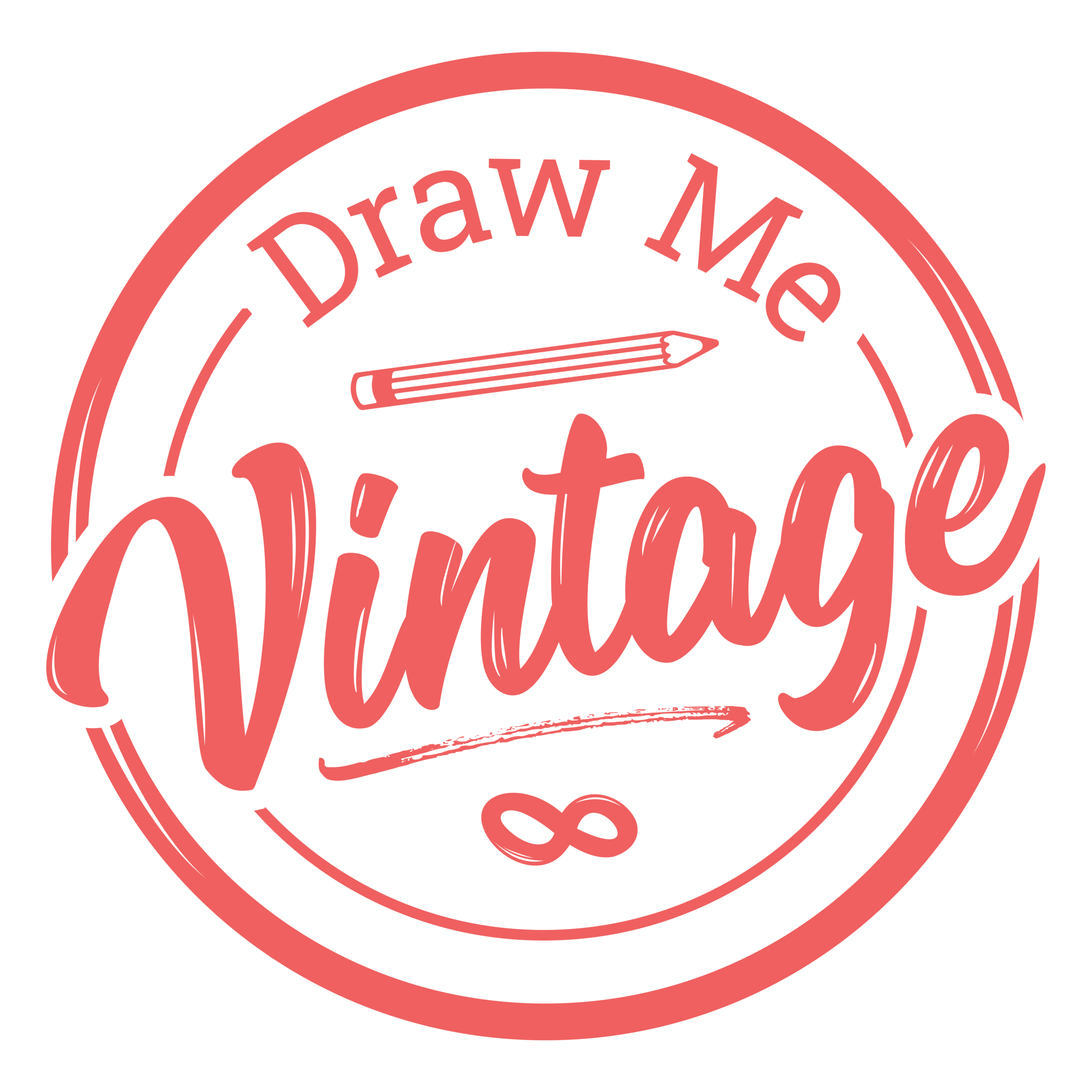 round logo with a pencil and an infinity logo with the words "Draw Me" in block font and "Vintage" in cursive font.