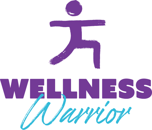 Stick figure doing warrior 2 pose in a dried ink style. Words "Wellness Warrior" written in bold and lettering style.