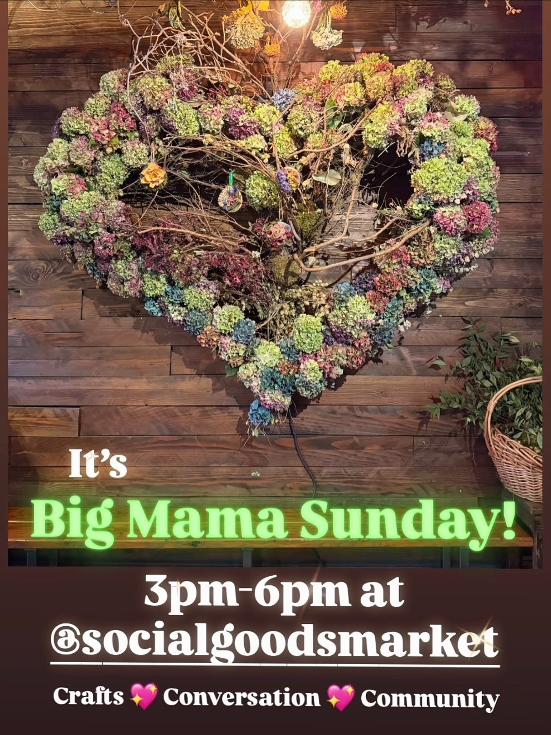 Big Mama Sundays happen every Sunday at @socialgoodsmarket from 3-5 (or 6ish if we&rsquo;re having a good time)! Come join us!

The big heart sculpture (Big Mama) is always evolving, so I have a fun assortment of flowers, leaves and mushrooms to craf
