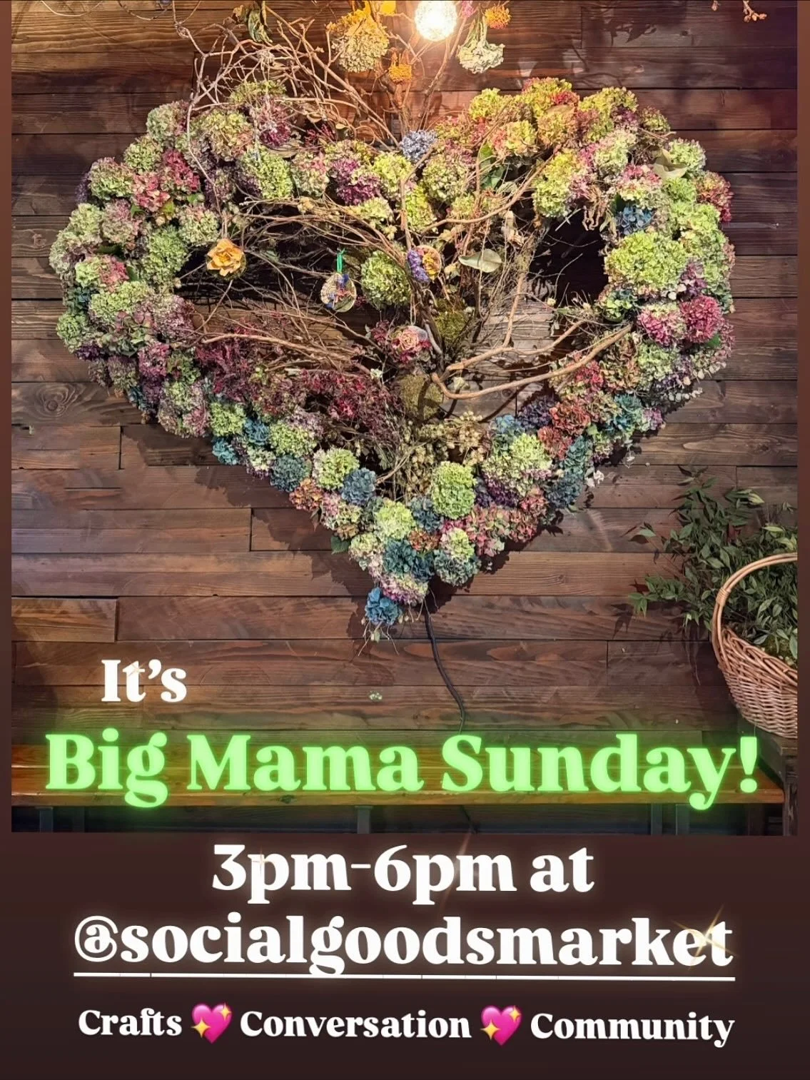 Big Mama Sundays happen every Sunday at @socialgoodsmarket from 3-5 (or 6ish if we&rsquo;re having a good time)! Come join us!

The big heart sculpture (Big Mama) is always evolving, so I have a fun assortment of flowers, leaves and mushrooms to craf